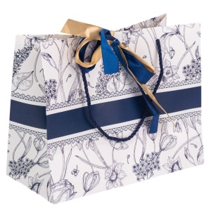 Set trei pungi cu model floral, snur si panglica satinata, Albastru, 25 x 12 x 20 cm