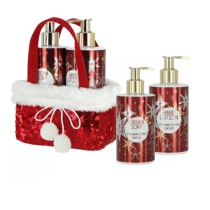 Set Vivian Gray Red Glitters X-Ma, in cosulet textil imprimeu sarbatori, cu Sapun lichid crema 250 ml si Crema de maini 250 ml