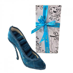 Suport bijuterii sub forma de pantof, cu catifea, in cutie eleganta cu funda, Albastru Petrol