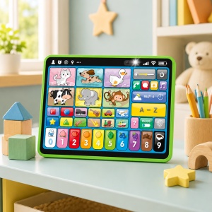 Tableta educationala bilingva pentru copii, Romana-Engleza, cu activitati interactive, cifre, litere, animale si sunete, Verde - Img 3