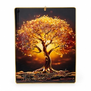 Tablou decorativ Copacul Vietii in relief cu cristale tridimensionale, efect lucios, in rama metalica aurie, 40x30 cm
