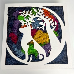 Tablou decorativ cu licheni stabilizați, siluete de pisici și Copacul Vieții, 20x20 cm, Multicolor