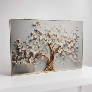 Tablou decorativ modern Copac Inflorit 3D in relief, cu flori albe si cristale, rama aurie, 60x40 cm - Img 2