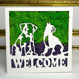 Tablou decorativ Welcome cu licheni stabilizați și siluete de animale, 20x20 cm, Verde - Img 4