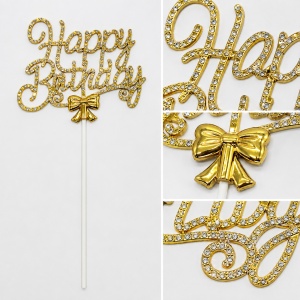 Topper Happy Birthday cu strasuri si fundita decorativa, auriu - Img 2