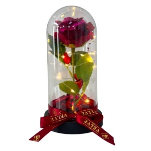 Trandafir artizanal in cupola cu petale decorative pe blat negru, LED, Visiniu - Img 4