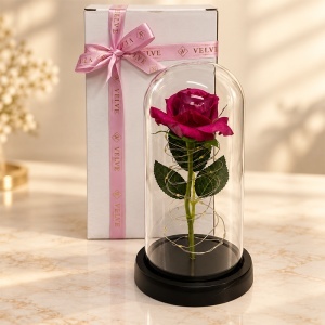 Trandafir decorativ cu LED, in cupola transparenta, 20 cm, in cutie cadou, Bordo - Img 3