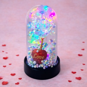 Trandafir transparent Bubble Tea in Love in Cupola Sticla, cu LED si elemente Valentine's Day in cutie eleganta, Argintiu - Img 2