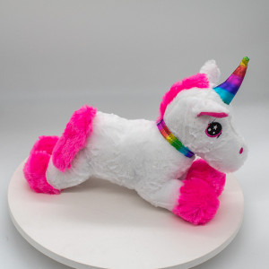 Unicorn de plus Rainbow Cony, cu stelute in privire si print curcubeu, Inaltime 30 cm, Roz