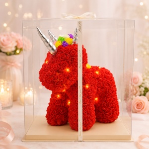 Unicorn floral rosu din trandafiri de spuma cu LED-uri, in cutie transparenta, 40 cm - Img 3
