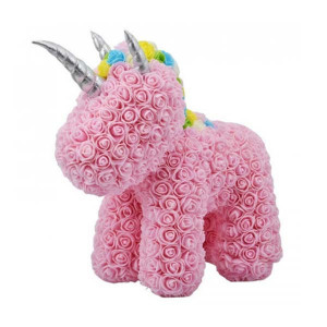 Unicorn Floral roz din Trandafiri de spuma 40 cm, ambalat in cutie, cu LED de lumini