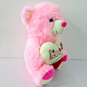 Ursulet de plus BUBU, cu inimioara si imprimeu Flower cu text "LOVE", inaltime 28 cm, Roz - Img 5