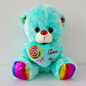 Ursulet de plus BUBU, cu inimioara, sunete de iubire si imprimeu Lollipop, inaltime 24 cm, Turquoise