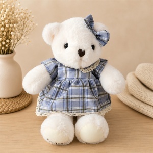 Ursulet de plus premium, fetita cu rochita in carouri bleu, inaltime 35 cm - Img 3