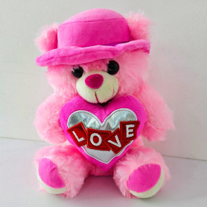 Ursulet de plus Pudding, palarie cu bentita asortata si inimioara imprimata "Love", inaltime 30 cm, Roz