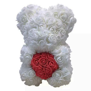 Ursulet floral alb cu inima rosie, din Trandafiri 25 cm, decorat manual, cutie cadou - Img 6