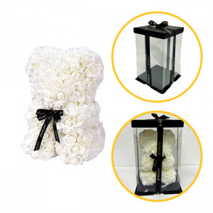 Ursulet floral alb din Trandafiri 25 cm, decorat manual, cutie cadou2