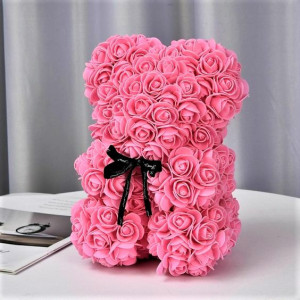 Ursulet floral cu trandafiri din spuma, 25 cm, decorat manual, cutie cadou