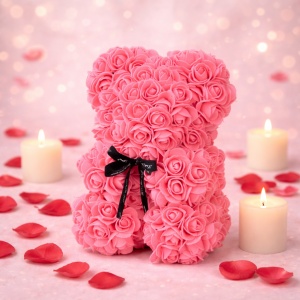 Ursulet floral cu trandafiri din spuma, 25 cm, decorat manual, cutie cadou, Roz