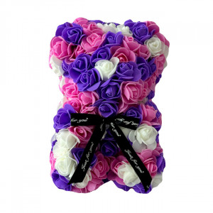 Ursulet floral Mozaic, cu trandafiri din spuma, 25 cm, decorat manual, in cutie cadou, mov-lila-alb