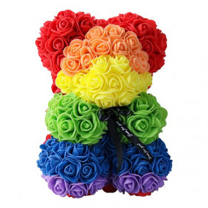 Ursulet Floral Teddy Bear Rainbow cu trandafiri din spuma, 25 cm, in cutie cadou, Multicolor