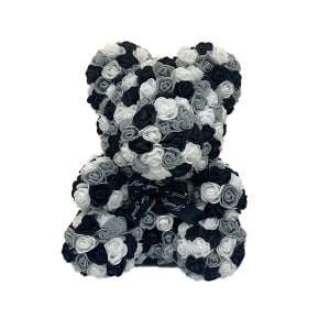 Ursulet Floral Triple color din Trandafiri spuma in cutie cadou, 40 cm, negru- alb- gri