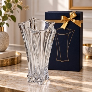 Vaza decorativa din sticla transparenta, cu relief vertical si deschidere ondulata, in cutie eleganta, 25 x 14 cm
