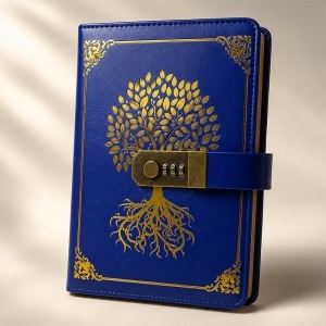 Agenda Copacul Vietii, din piele ecologica, cu cifru numeric, Albastru-Auriu, 22x15 cm - Img 3