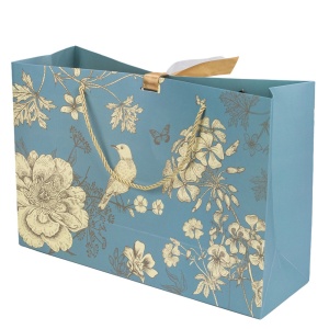 Ambalaj pentru cadouri de tip punga, aspect floral, cu snur si panglica satinata, Turquoaz, 36 x 12 x 24 cm