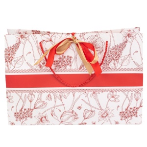 Ambalaj pentru cadouri tip punga, cu model floral, snur si panglica satinata, Rosu, 25 x 12 x 20 cm