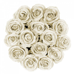 Aranjament floral cu 15 trandafiri de sapun, in cutie neagra rotunda Crem