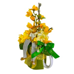 Aranjament floral Easter cu iepuras decorativ si flori artizanale, in cana de ceramica, galben-alb
