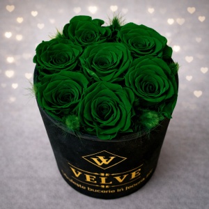 Aranjament floral Eternal Rose cu trandafiri criogenați și lagurus în cutie rotundă, Verde - Img 2