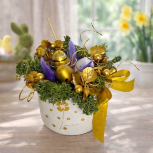 Aranjament floral Glitter cu lagurus, licheni stabilizati si oua decorative in cana ceramica