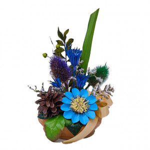 Aranjament floral in ghiveci, din flori uscate, albastru, 27cm