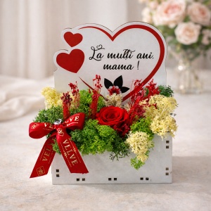 Aranjament floral pentru Mama cu trandafir rosu criogenat, licheni stabilizati si funda satinata, in cutiuta decorativa