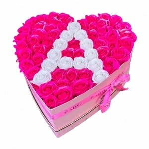 Aranjament floral personalizat cu litera, in cutie inima roz, 49 trandafiri de sapun, Fucsia-Alb cu sclipici