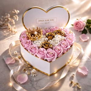 Aranjament floral Royal, 25 trandafiri de sapun si accesorii decorative, cutie in forma de inima, Roz-Alb-Auriu