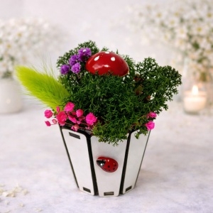 Aranjament floral Whiff, in cutie de lemn rotunda, licheni naturali stabilizati, imortele naturale, lagurus natural criogenat, ciuperca decorativa