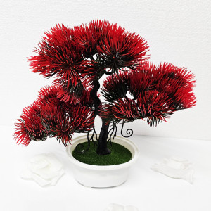 Bonsai decorativ artificial, colorat, in ghiveci miniatural, Pin Desire, Rosu, Inaltime 25 cm2