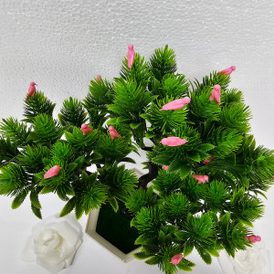 Bonsai decorativ artificial, cu pasari, in ghiveci miniatural, Balance Bird, Roz, Inaltime 28 cm2