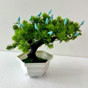 Bonsai decorativ artificial, cu pasari, in ghiveci miniatural, Balance Bird, Albastru, Inaltime 28 cm