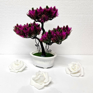 Bonsai decorativ artificial, in ghiveci miniatural, Flowering Cones, Fucsia, Inaltime 13 cm2
