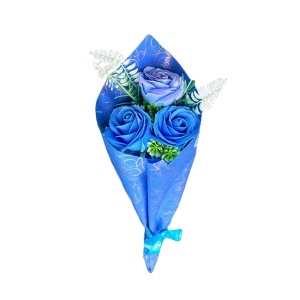 Buchet Bloom cu 3 trandafiri de sapun si plante artificiale,  Albastru