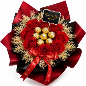 Buchet cadou Delice „La Multi Ani!”, cu 7 praline Ferrero Rocher, 9 trandafiri de sapun si broom natural criogenat