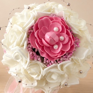 Buchet de mireasa premium, cu nuferi, trandafiri din spuma si stamine aurii, 28 cm - Img 4