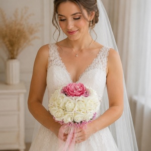 Buchet de mireasa premium, cu nuferi, trandafiri din spuma si stamine aurii, 28 cm