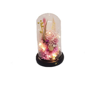 Buchet de trandafiri criogenat in cupola de sticla cu LED, roz, 21X12