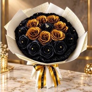 Buchet floral Black & Gold cu 21 trandafiri negri si aurii, decorati cu sclipici, inaltime 50 cm - Img 2