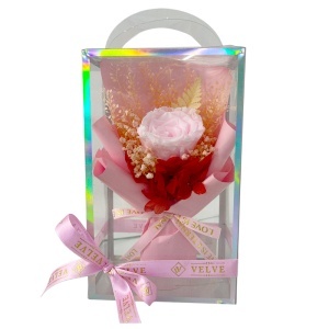 Buchet floral cu trandafir criogenat roz, hortensii si feriga, in cutie premium transparenta - Img 4